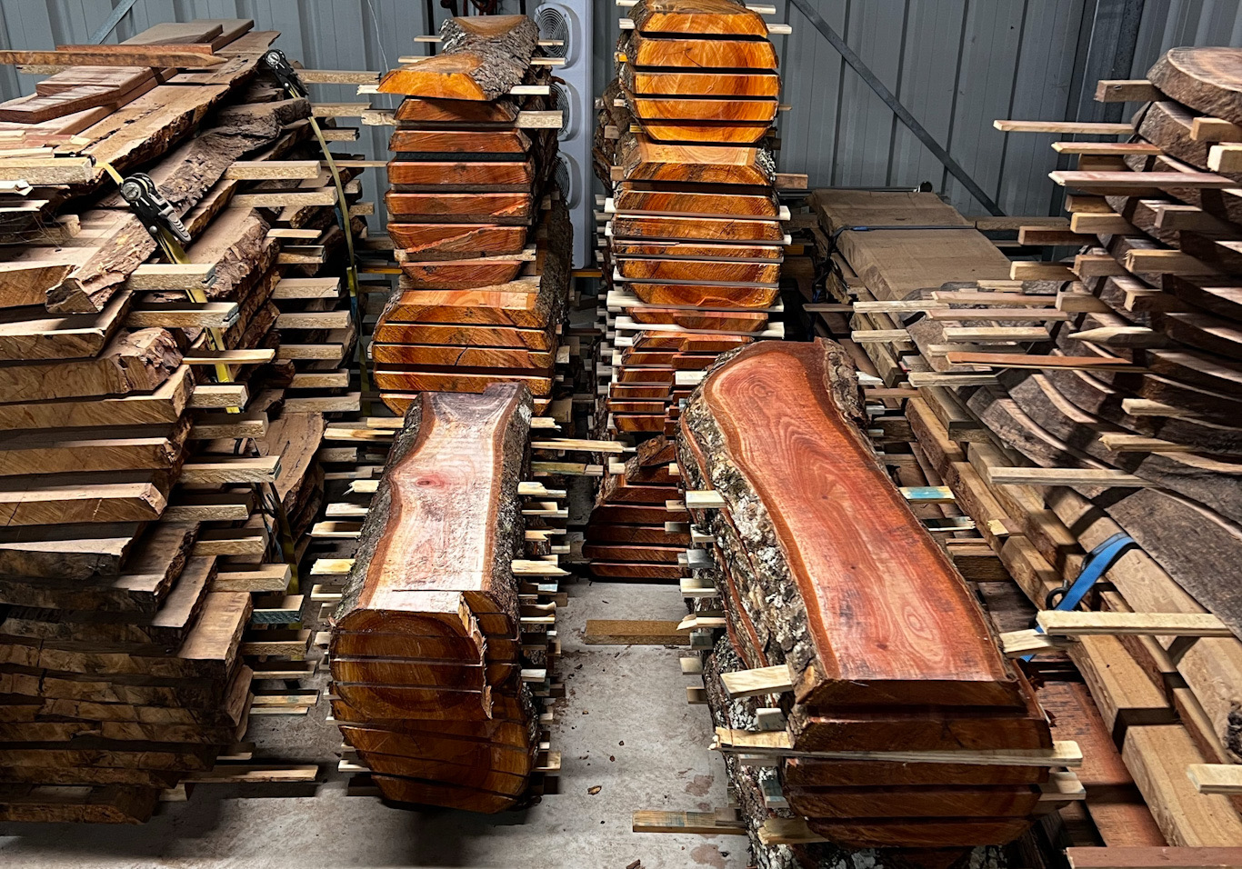Stacks of milled slabs drying at the Fallen Timbers workshop